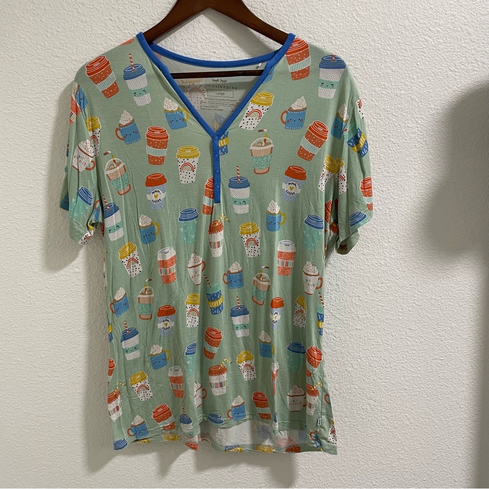 Little Sleepies Green Pajama Top with Colorful Cup Print